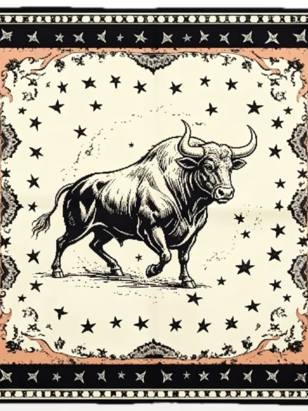 Western Bull Bandana Scarf in Black, Cream & Tan